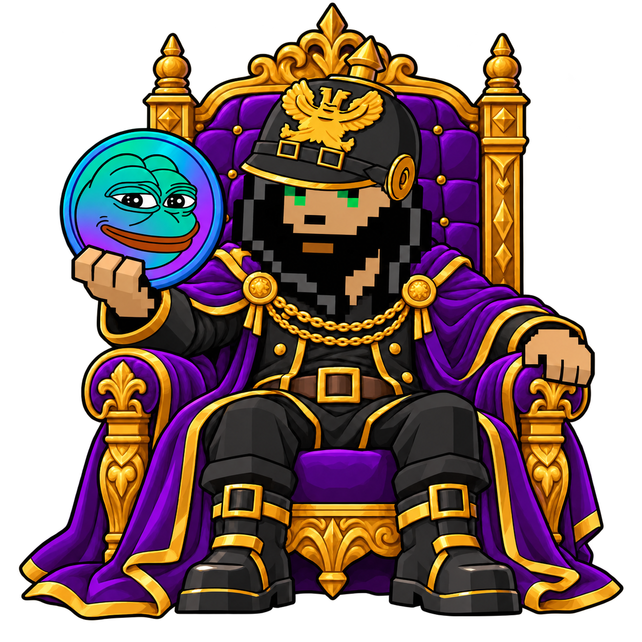 Pauly seated on a purple and gold throne, holding a turquoise, blue and purple Solana Pepe coin